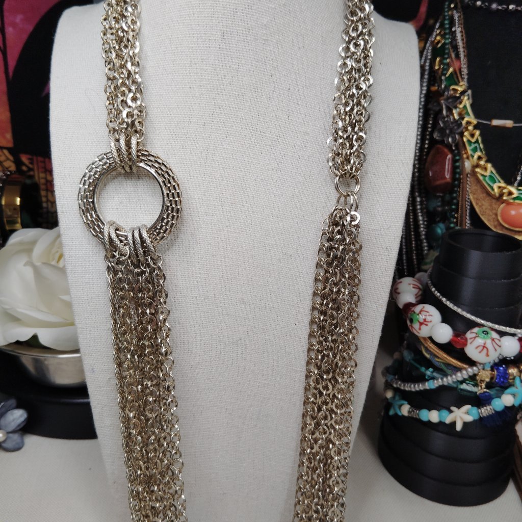 Natasha Silver Tone Multi Strand Statement Necklace With Ring Accent 18$